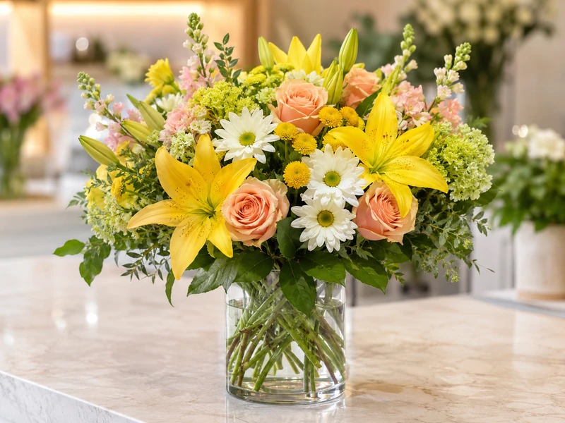 Fresh bouquet in a clean vase with simple flower care tools nearby