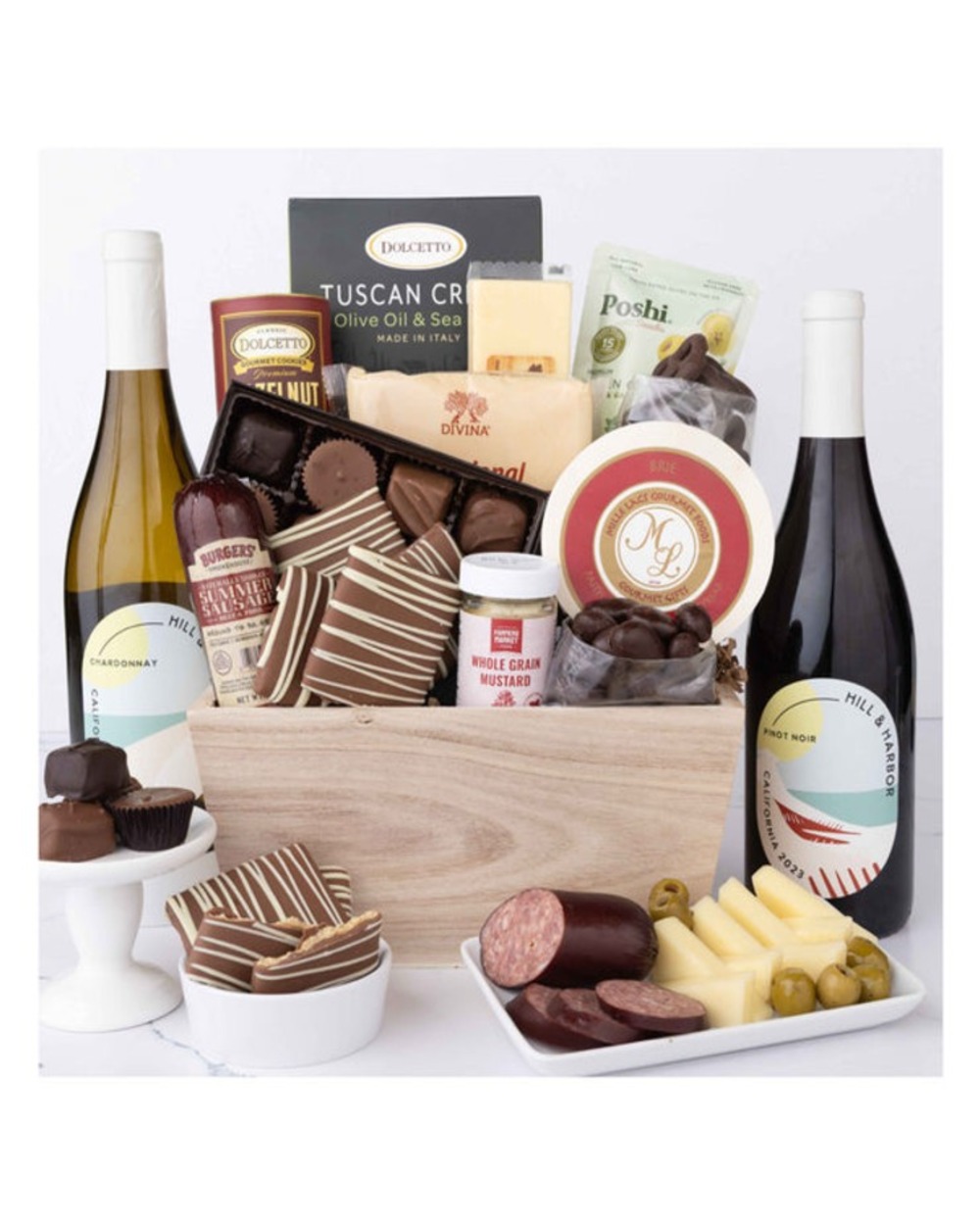 Gourmet Charcuterie & Sweets Gift Basket with Red & White Wine