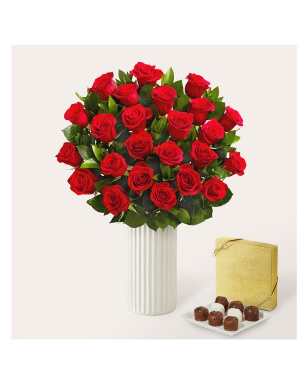 Red Rose Bouquet - 24 Roses with Ceramic Vase and Chocolate