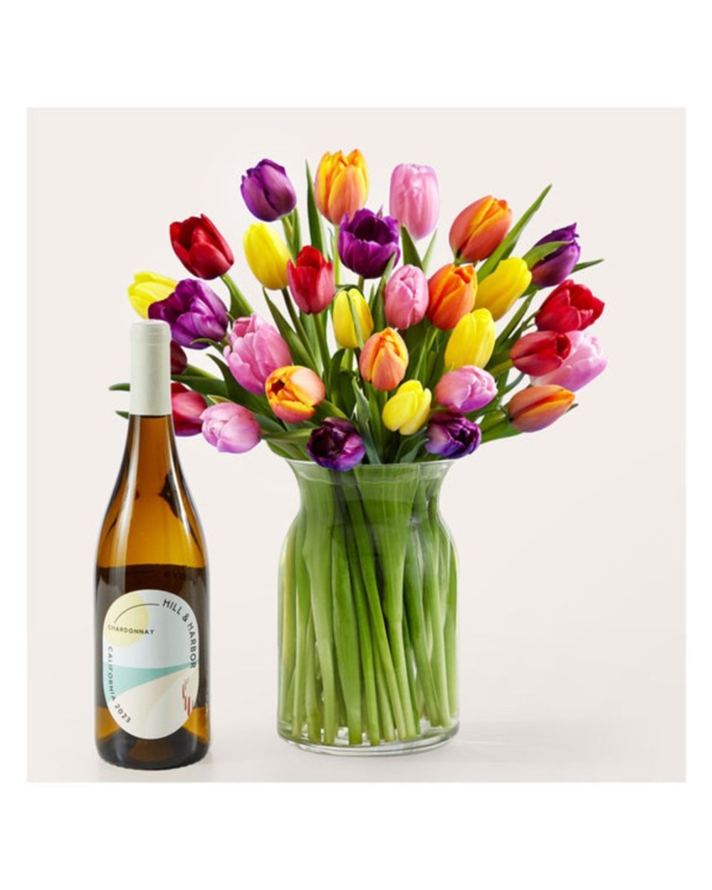 Picnic Tulips & Wine Gift Set - 30 Tulips and White Wine