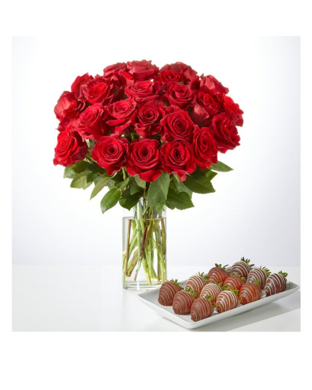 Red Rose Bouquet and Berry Bundle - 24 Roses with Vase
